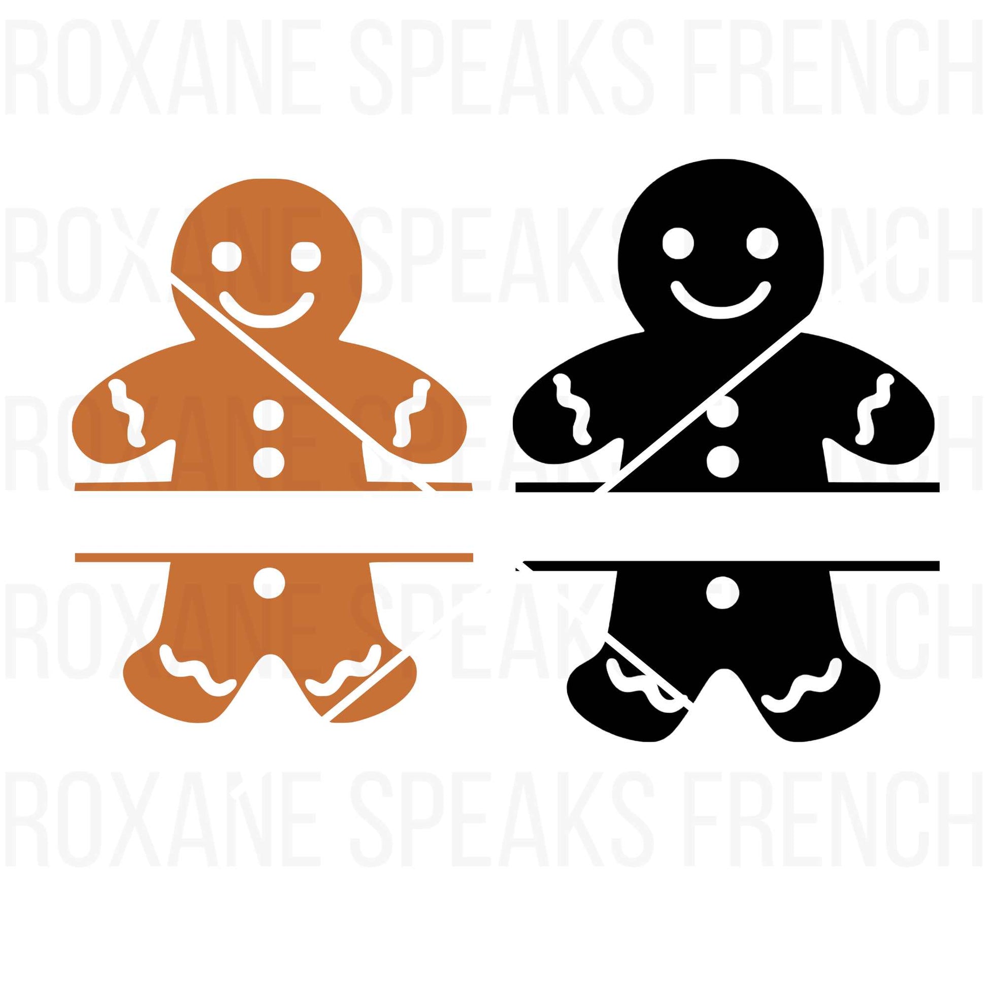 Two gingerbread man illustrations with split monogram designs, one in brown and one in black, perfect for adding custom text for Christmas crafts and holiday decor.