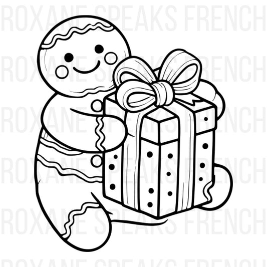 A cute gingerbread man holding a wrapped gift with a large bow on top. The gingerbread man has a smiling face with round cheeks, simple icing details, and is sitting while hugging the present.