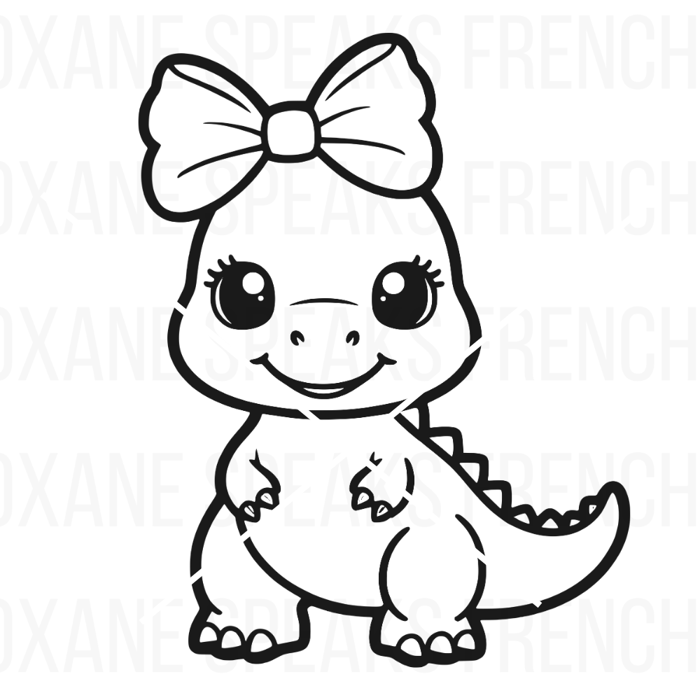 Outline of a cute girl dinosaur with a large bow, big eyes, and a friendly smile. Ideal for kids' crafts, stickers, and nursery decor.