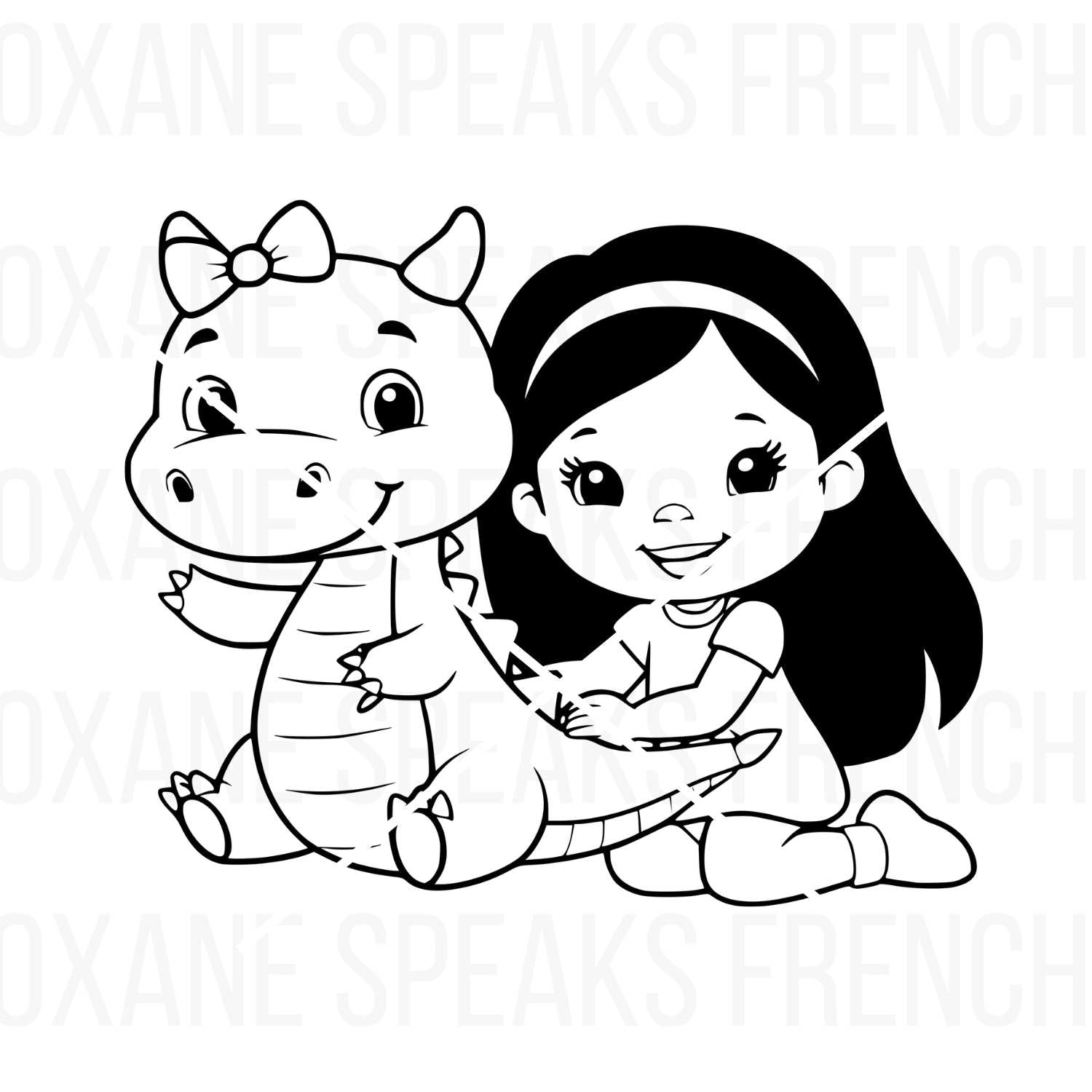 Adorable illustration of a girl hugging a baby dragon with a bow, featuring clean black outlines. Ideal for crafting, coloring, and DIY fantasy projects