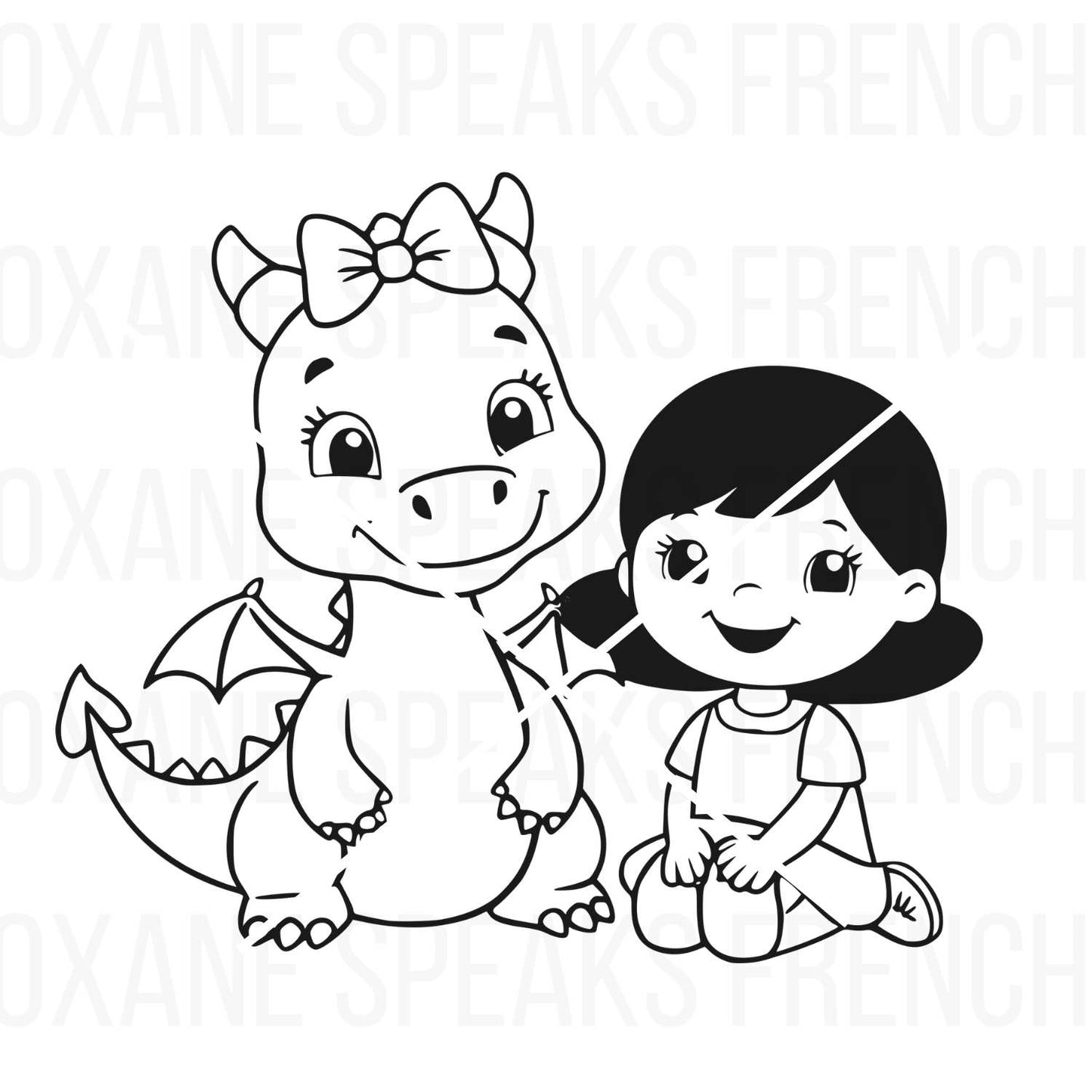 Adorable illustration of a baby dragon with a bow sitting next to a smiling girl, featuring clean black outlines. Perfect for crafting, coloring, and DIY projects