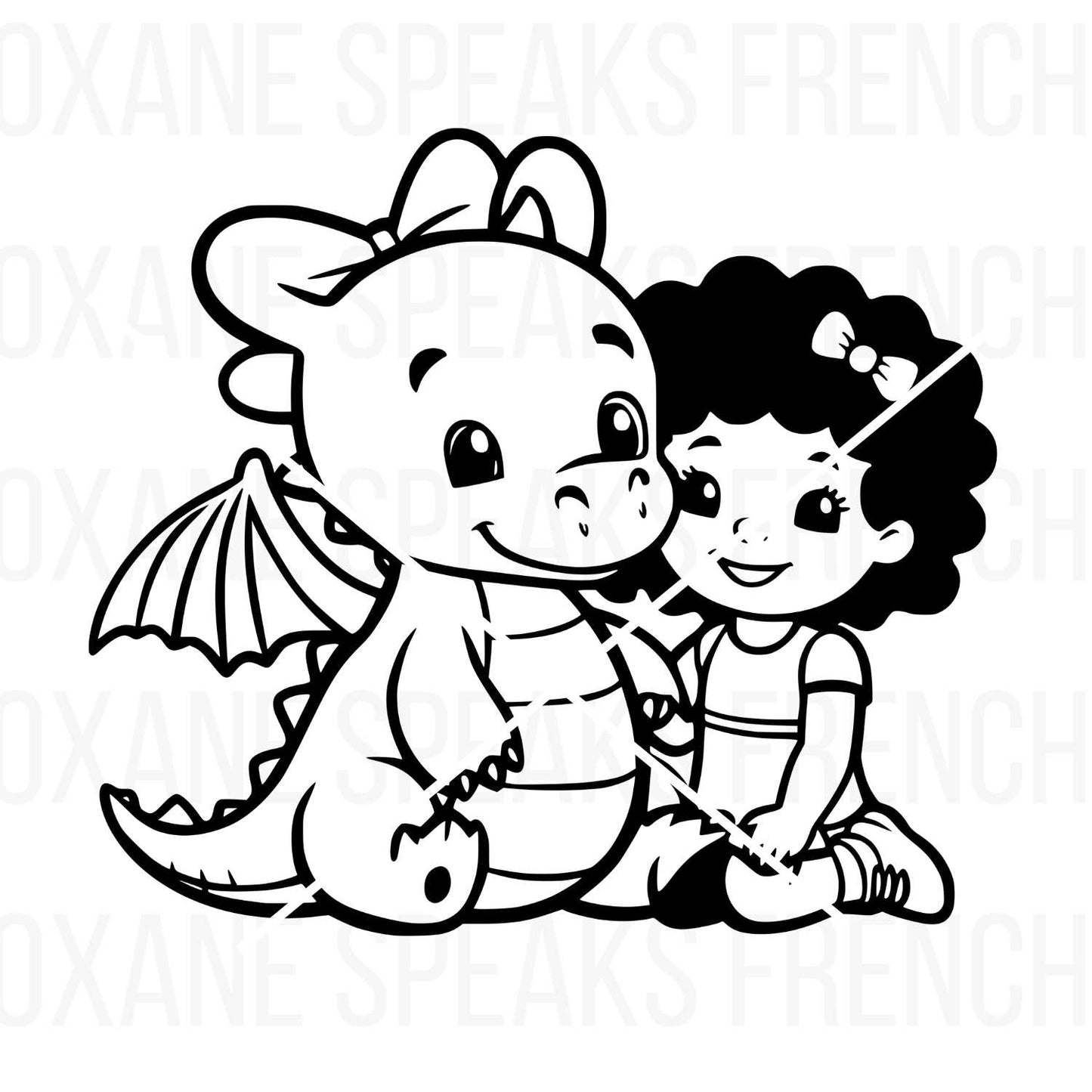 Adorable illustration of a girl sitting with a baby dragon, both smiling and featuring clean black outlines. Perfect for crafting, coloring, and DIY projects