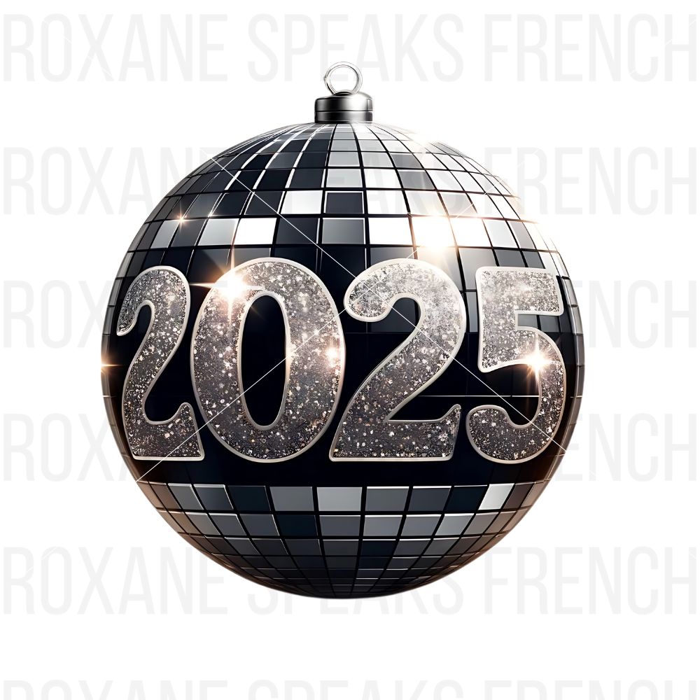 Shiny 2025 glitter numbers on a black and silver disco ball ornament, perfect for New Year's celebrations and festive deco