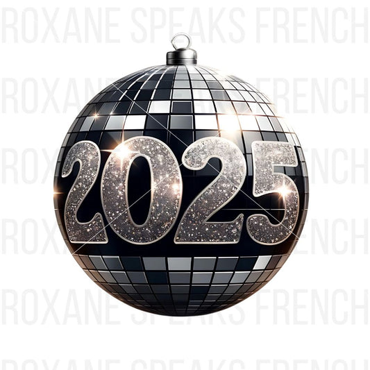 Shiny 2025 glitter numbers on a black and silver disco ball ornament, perfect for New Year's celebrations and festive deco