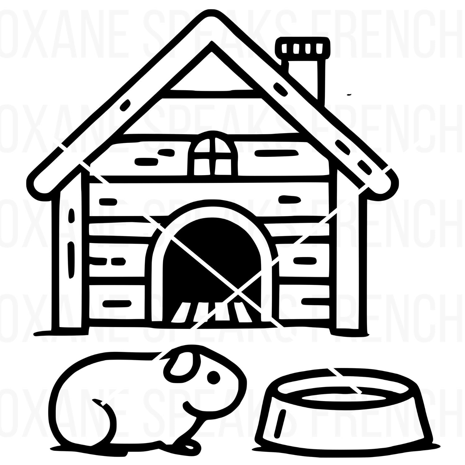 Guinea pig house SVG PNG clipart featuring a cozy wooden house with an arched door, a cute guinea pig sitting nearby, and a food bowl, all illustrated in bold black outline for crafting and DIY projects