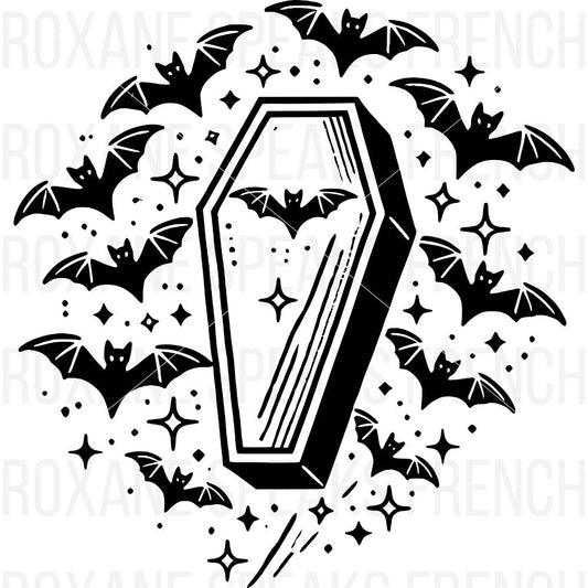 A black illustration of a coffin surrounded by flying bats and sparkles, perfect for Halloween-themed Cricut projects.