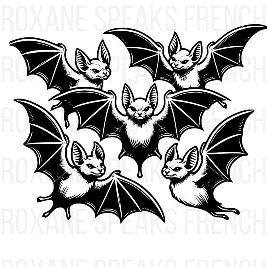 A whimsical black illustration of playful bats, perfect for Halloween-themed Cricut projects.