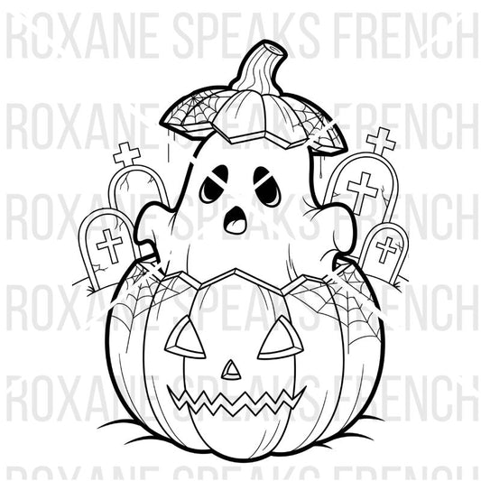 Halloween coloring page for kids featuring friendly ghost peeking over carved jack-o'-lantern pumpkin in graveyard with tombstones and decorative spider webs