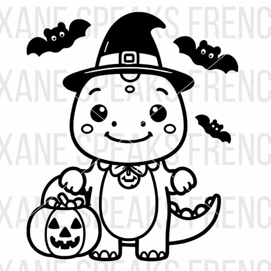 Halloween Dino SVG featuring a cute dinosaur in a witch's hat, holding a pumpkin basket, with bats flying around.