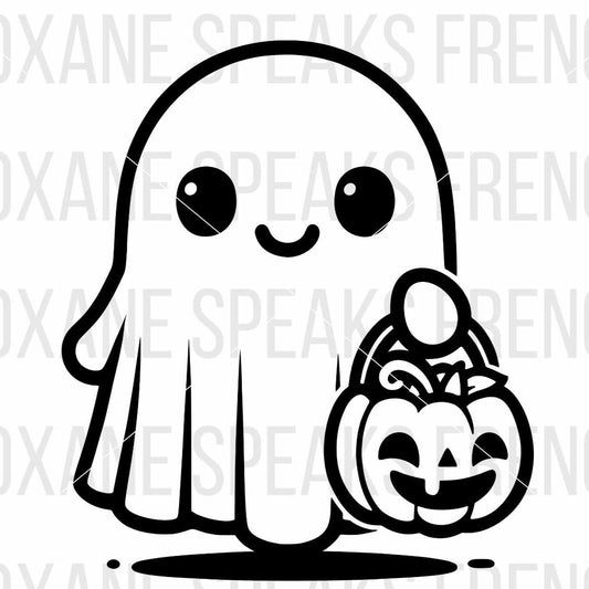 Cartoon Little Ghost Wearing Pumpkin Bag