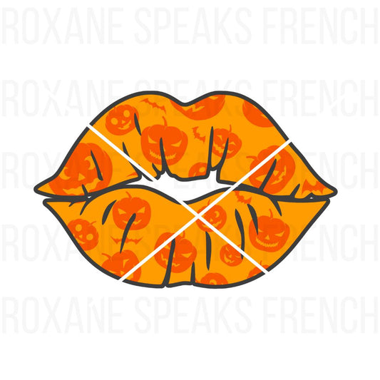 Clipart of bold orange lips with embedded pumpkin faces, perfect for fun and spooky Halloween-themed crafts and designs