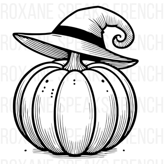 A Halloween-themed coloring page featuring a pumpkin with a whimsical witch's hat. The pumpkin has bold, clean lines with minimal details, and the witch's hat sits playfully tilted on top, making it perfect for a fun and spooky coloring activity.