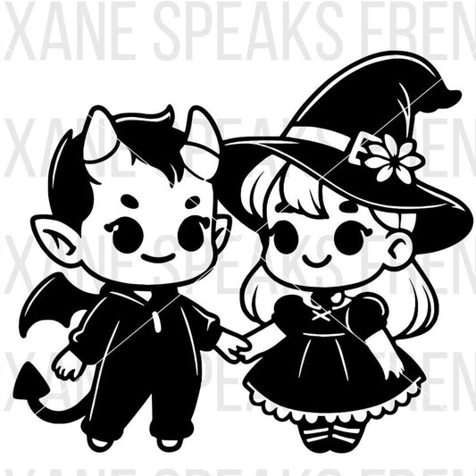 Halloween Little Witch And Demon Illustration SVG For DIY and Cricut Projects