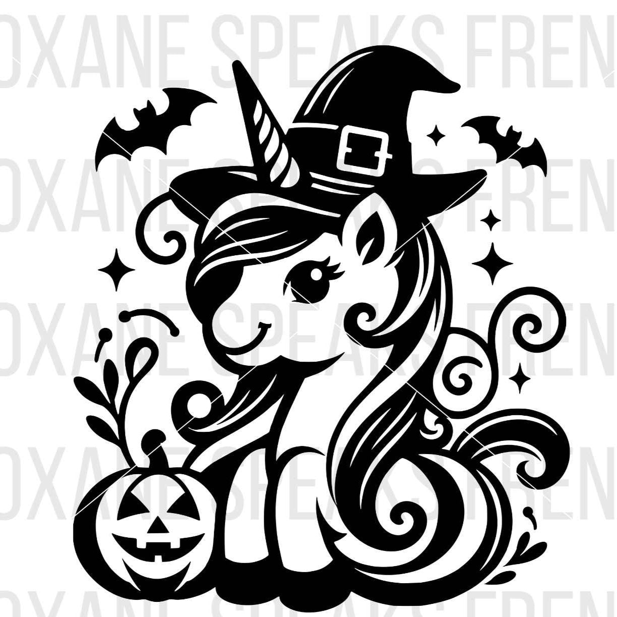 Cute Halloween Unicorn Head With Witch Hat Illustration SVG For DIY and Cricut Projects