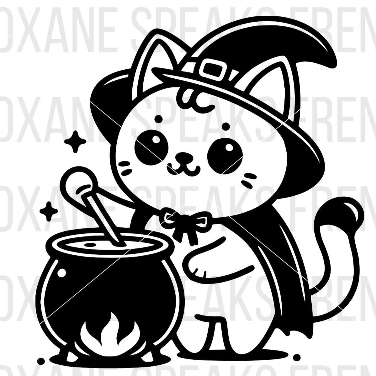 cute little cat wearing witch hat and cooking in cauldron