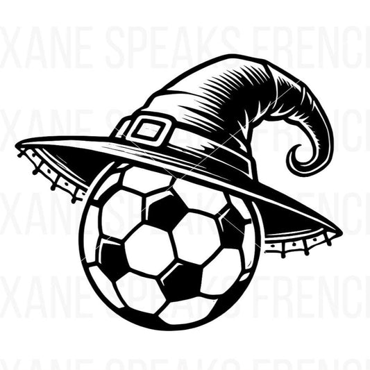 A soccer ball wearing a detailed witch hat in a retro, elegant art line design. Available as an SVG and PNG file for print-on-demand, laser cutting, and commercial use