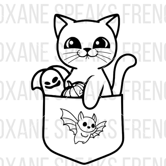 cute cartoon friendly cat in Halloween themed pocket