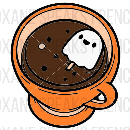 Halloween-themed coffee cup with a ghost marshmallow floating inside, available as an SVG and PNG file for personal crafting and seasonal projects