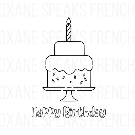 Happy Birthday coloring page featuring a birthday cake with sprinkles, a lit candle, and bold outlines, perfect for kids’ coloring activities and festive crafts.