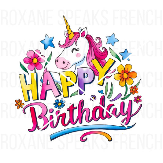 Colorful 'Happy Birthday' clipart featuring a unicorn with a rainbow mane, flowers, and stars, perfect for kids’ birthday decor and crafting projects