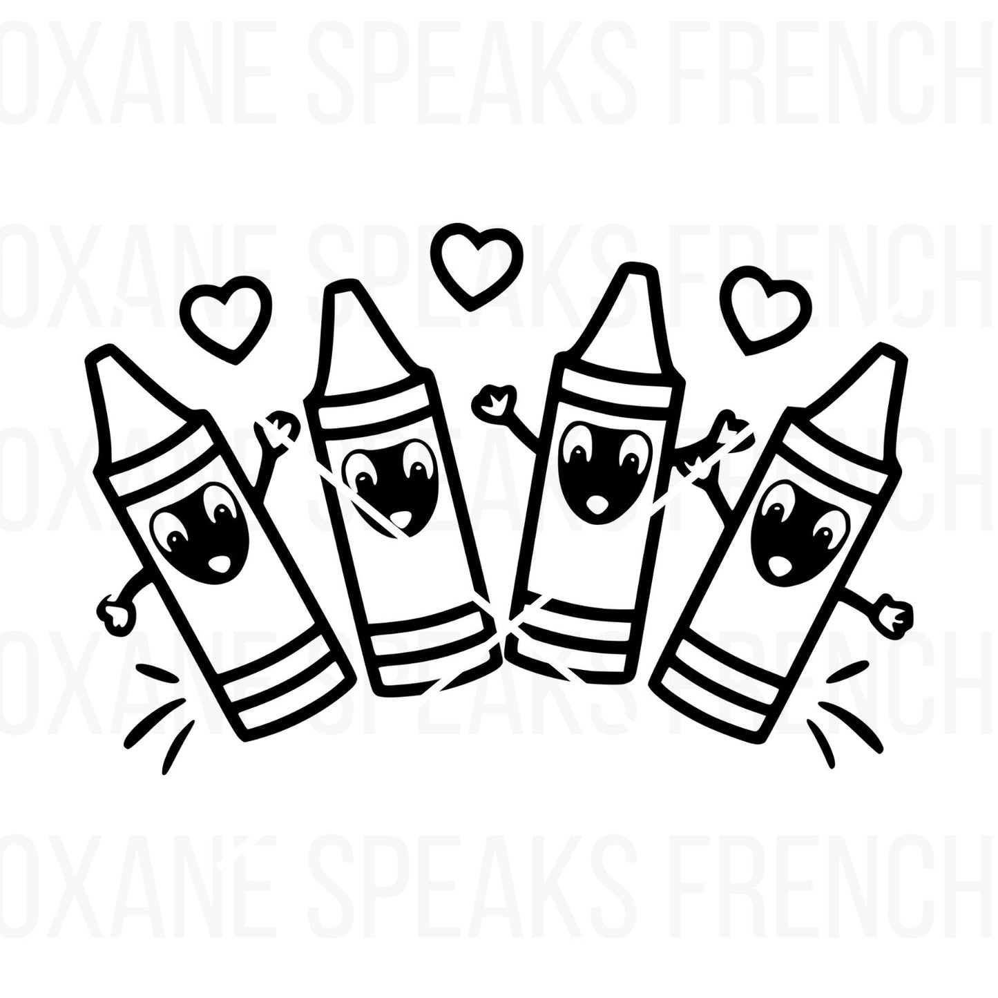 Black and white illustration of four happy crayons dancing with hearts, designed for teacher and classroom projects, perfect for SVG cutting machines and PNG digital use.