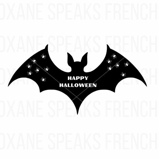 Black silhouette of a bat with 'Happy Halloween' text in the center and small spider accents on its wings, perfect for Halloween crafts and decor