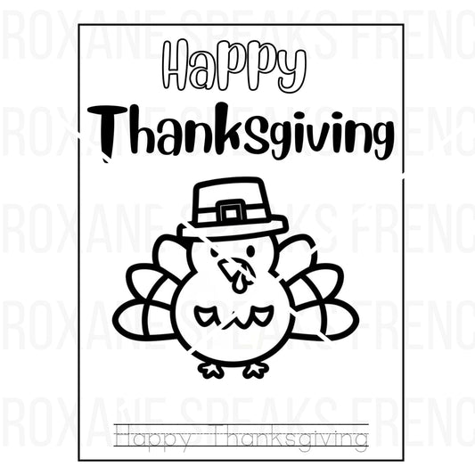 Happy Thanksgiving" coloring page featuring a cute turkey in a pilgrim hat, perfect for kids' holiday activities, classrooms, and festive gatherings