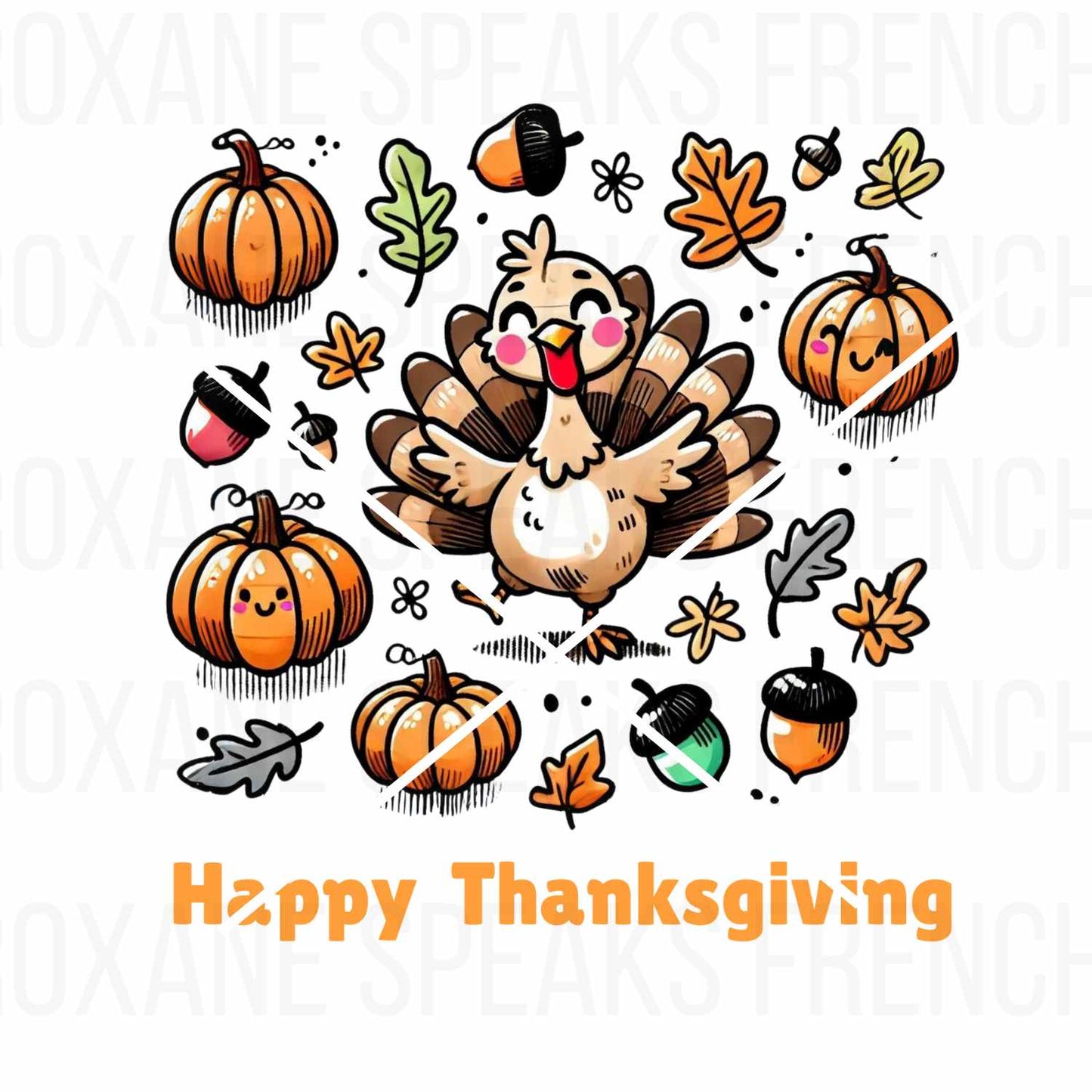 Happy Thanksgiving clipart with a cute turkey, pumpkins, acorns, and autumn leaves – perfect for holiday DIY crafts and decor.