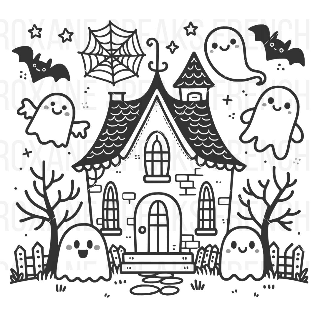 A cute and spooky haunted house with smiling ghosts, bats, and a spider web. The haunted house features charming details like trees, a picket fence, and stars, all with bold outlines, perfect for a Halloween-themed coloring page