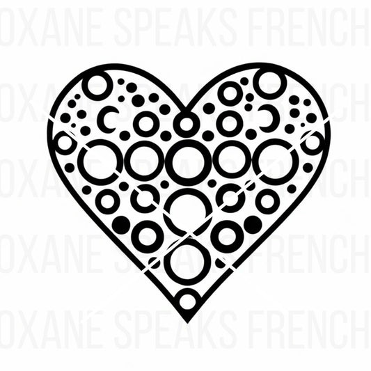 A unique geometric heart design made entirely of black circles in various sizes, arranged symmetrically to form a heart shape.