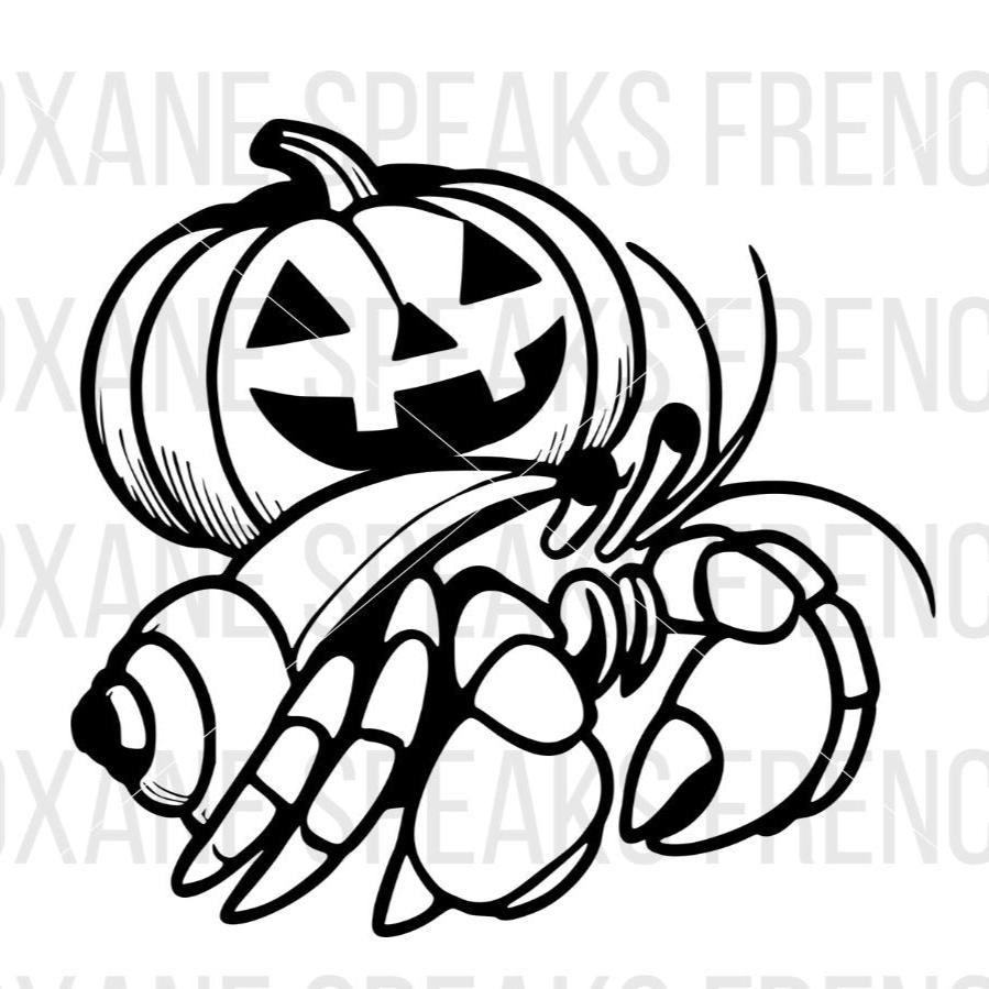 Vector illustration of a hermit crab with a Jack-O'-Lantern pumpkin shell. Perfect for Halloween-themed crafts and available as an SVG and PNG file.