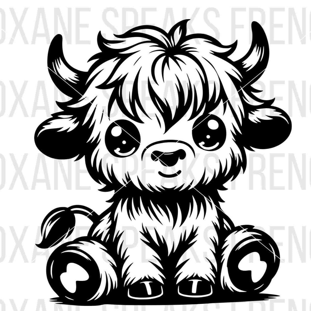 Black and white illustration of a cute Highland baby cow sitting, with a fluffy coat and large, expressive eyes, designed in a charming and endearing style.