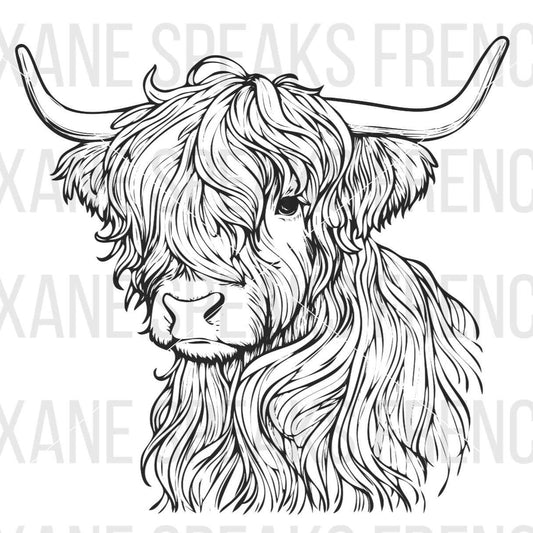 A detailed black and white illustration of a highland cow head. The cow has long, shaggy fur covering its face, with prominent horns curving upwards. The design is intricately drawn with fine lines, capturing the texture and character of the highland cow. The image is available in SVG and PNG formats, suitable for various crafting and DIY projects.