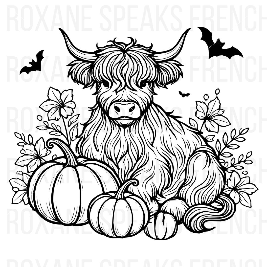 A detailed black and white illustration of a Highland cow sitting among pumpkins and flowers, with bats flying in the background. The intricate line work makes this perfect for fall or Halloween-themed coloring pages and craft projects.