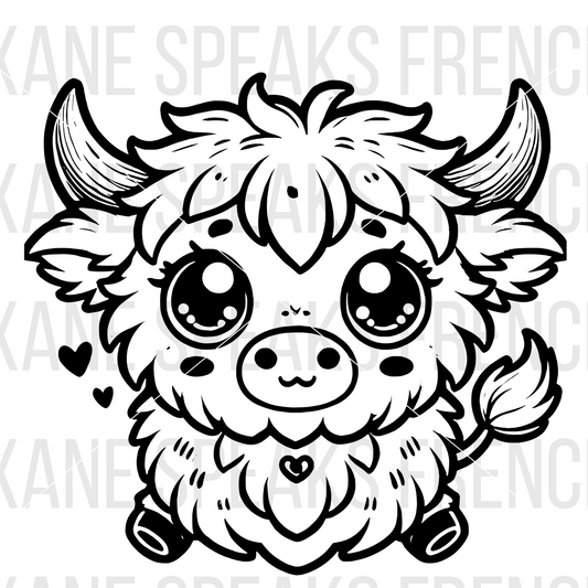 A black and white kawaii-style illustration of a highland cow with big, expressive eyes and fluffy fur. The design is outlined and suitable for use with Cricut machines, available in SVG and PNG formats.