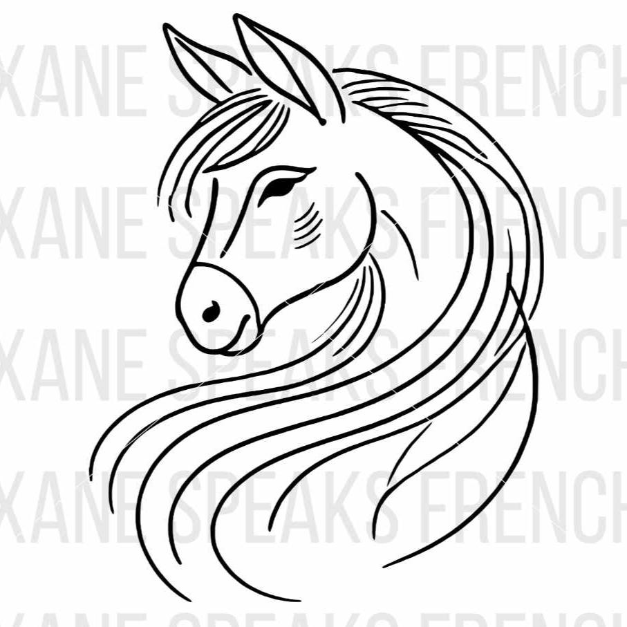 Minimalist art line design of a horse's head with a flowing mane, available as an SVG and PNG for equestrian-themed crafting and décor projects.