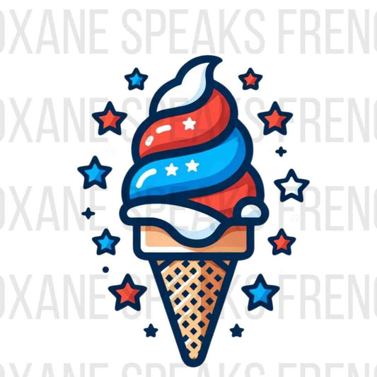 A colorful digital illustration of an ice cream cone with swirled ice cream in red, white, and blue colors. The ice cream is decorated with white stars and is surrounded by red, white, and blue star shapes. The design has a patriotic theme, suitable for the 4th of July. The image is labeled "PNG" at the bottom and features the watermark "ROXANE SPEAKS FRENCH" across the background.