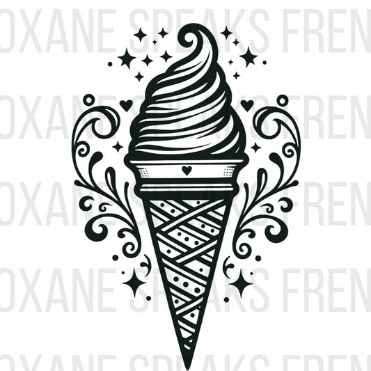 A decorative black and white ice cream cone with intricate swirls and star accents, perfect for crafts and DIY projects, on a white background.