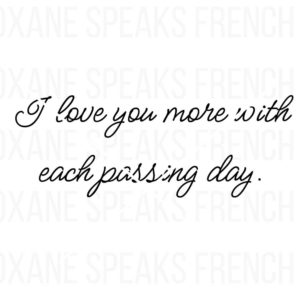 Minimalist "I Love You More with Each Passing Day" quote in elegant cursive font, ideal for romantic crafts, home decor, and personalized gifts.