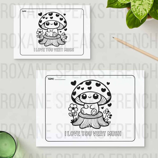 Two white sheets of paper placed on a stylish table, each featuring a cute mushroom illustration with a large rounded cap adorned with heart shapes. The mushrooms have happy, smiling faces and are sitting on stumps, surrounded by small flowers