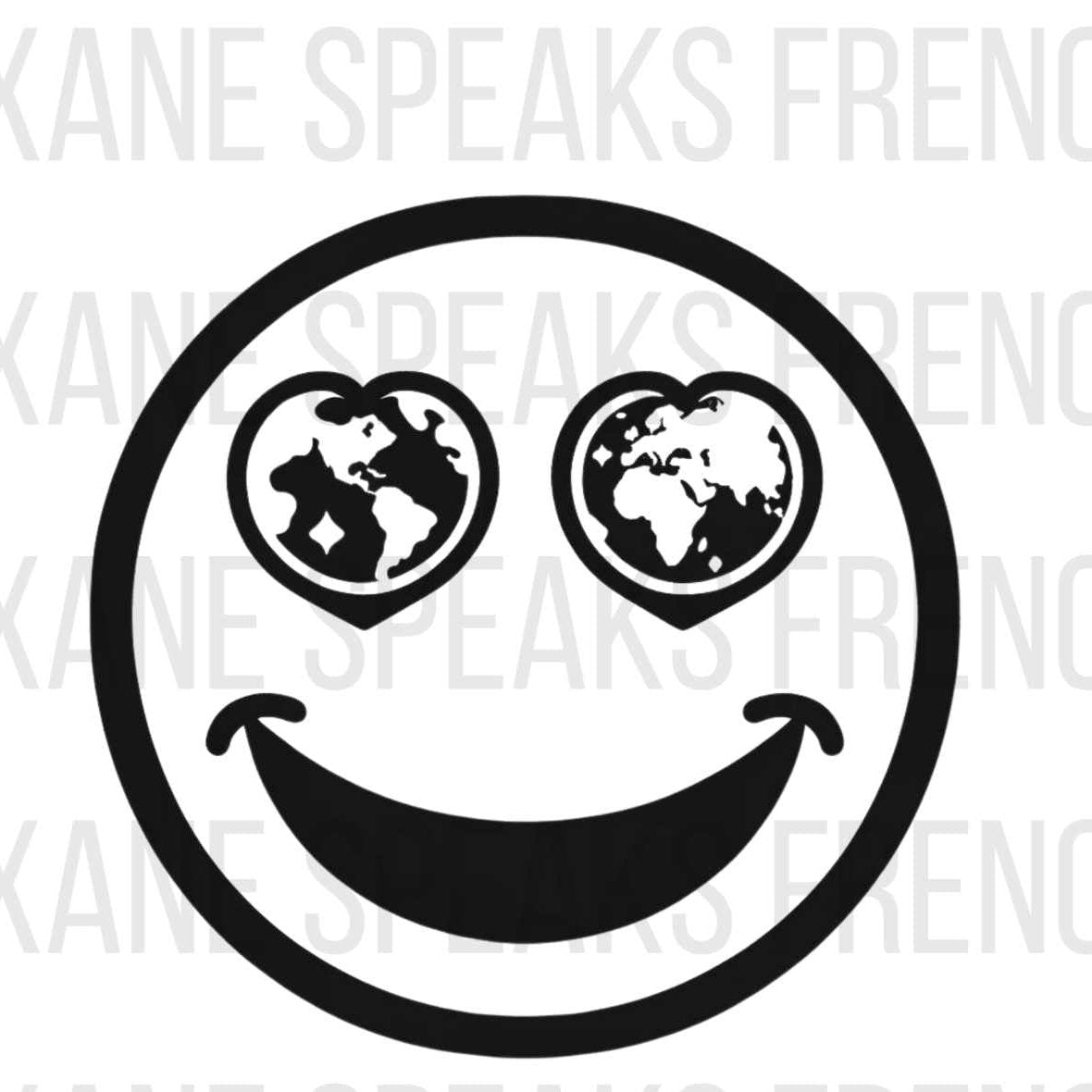 Black and white vector illustration of a smiley face with heart-shaped eyes that contain a world map. The smiley face has a wide, curved mouth and a simple, bold outline. 