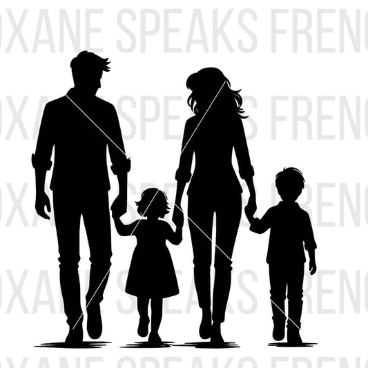 A black and white silhouette of a family of four, consisting of a father, mother, daughter, and son, holding hands and walking together. The design features clean lines and minimalistic details, suitable for various digital and print projects. 