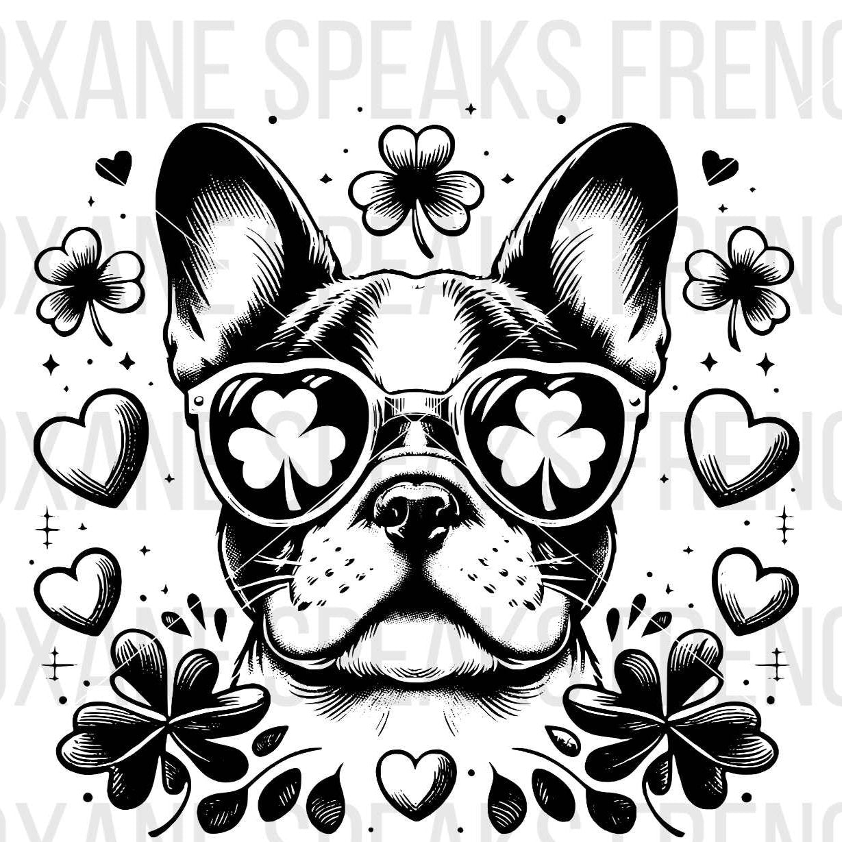 Black and white illustration of a dog wearing sunglasses with clover shapes in the lenses, surrounded by hearts, clovers, and sparkles.