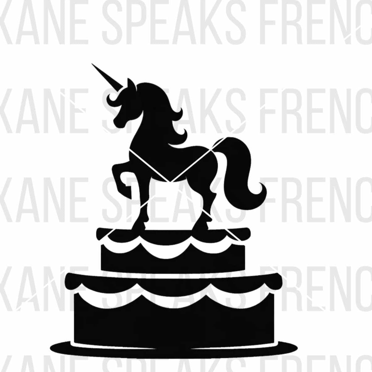 Black and white illustration of a unicorn standing on a layered cake, available in SVG and PNG formats