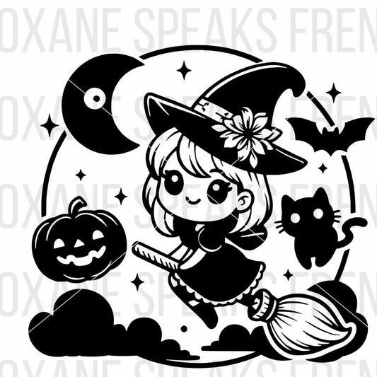 Cute Witch Flying On Broomstick Illustration SVG For DIY projects and Cricut