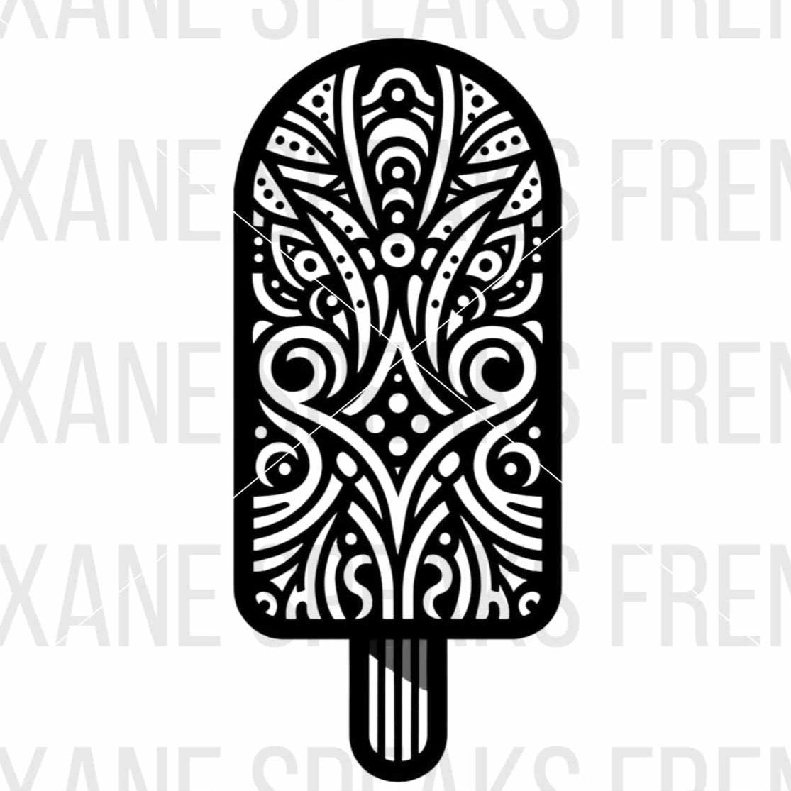 a black and white vector design of a popsicle with intricate detailing- Popsicle SVG. The design is elegant and sophisticated, ideal for personal crafting projects.