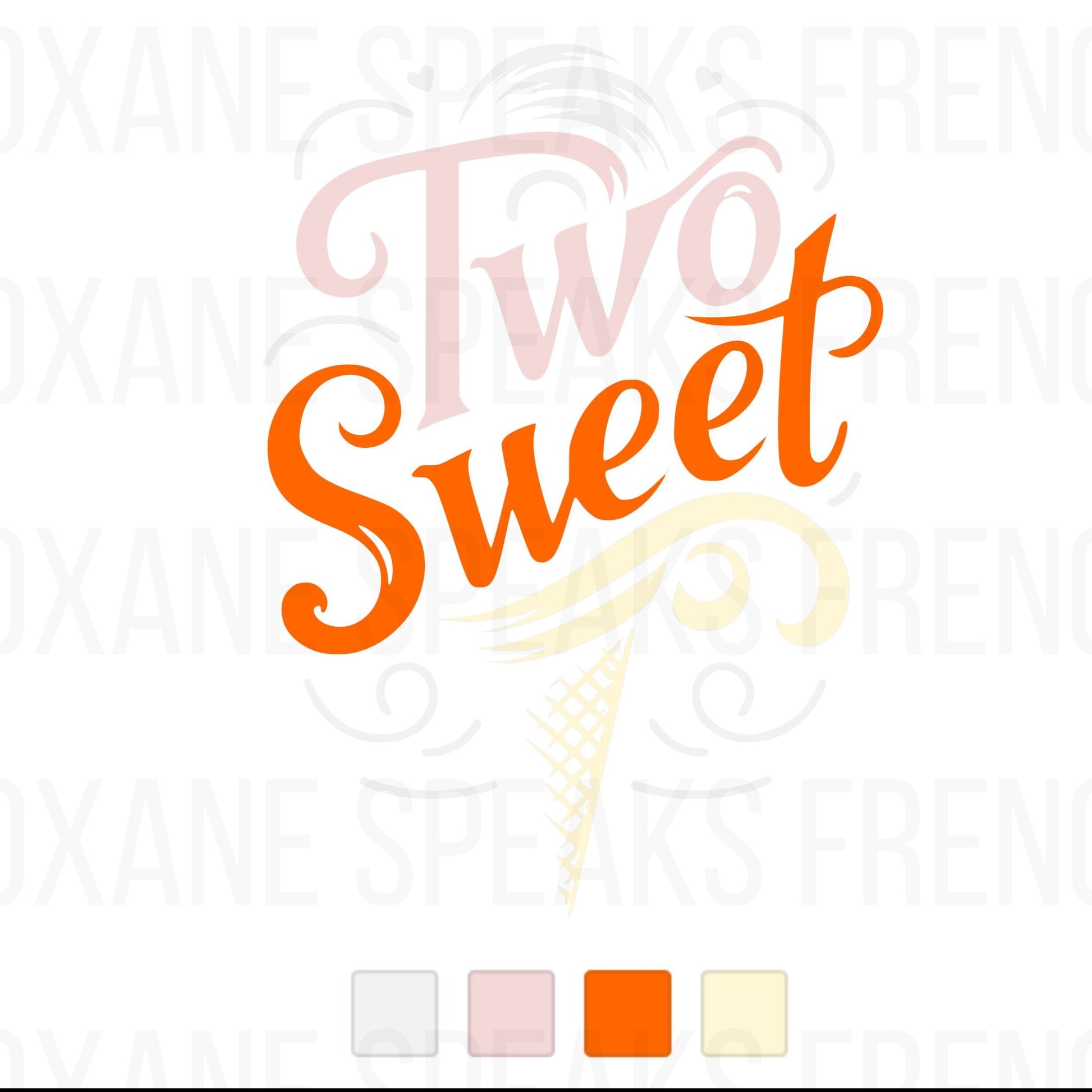 A colorful illustration featuring the words "Two Sweet" in bold, cursive lettering. The word "Two" is in light pink, while "Sweet" is in bright orange. The background includes a faint outline of an ice cream cone in pastel yellow, adding a playful touch to the design.