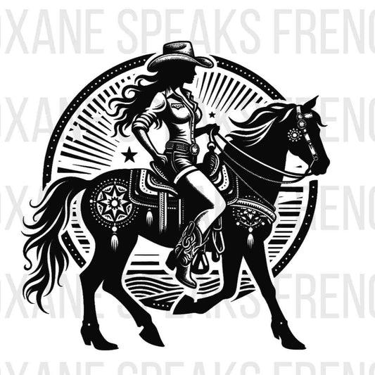 A detailed black and white illustration of a cowgirl riding a decorated horse, set against a circular background with star and sunburst accents. The cowgirl is wearing a hat, boots, and a western outfit, capturing the essence of a rodeo scene