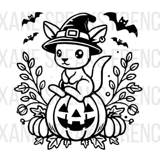 Halloween-themed baby kangaroo wearing a witch hat, sitting on a jack-o'-lantern surrounded by bats and pumpkins, available as an SVG and PNG for crafting projects