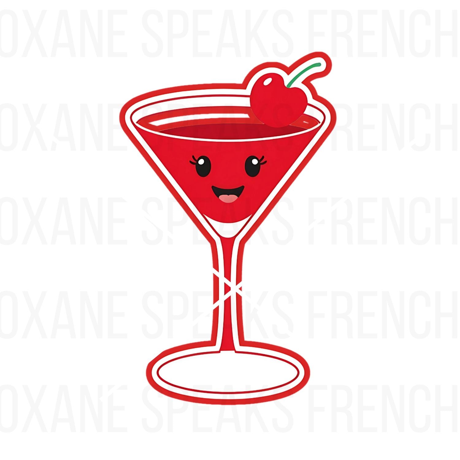 Kawaii Cherry Martini PNG Clipart – Cute smiling red cocktail glass with a cherry on top, featuring bold outlines and a playful kawaii design. Perfect for DIY projects, printables, and sublimation.